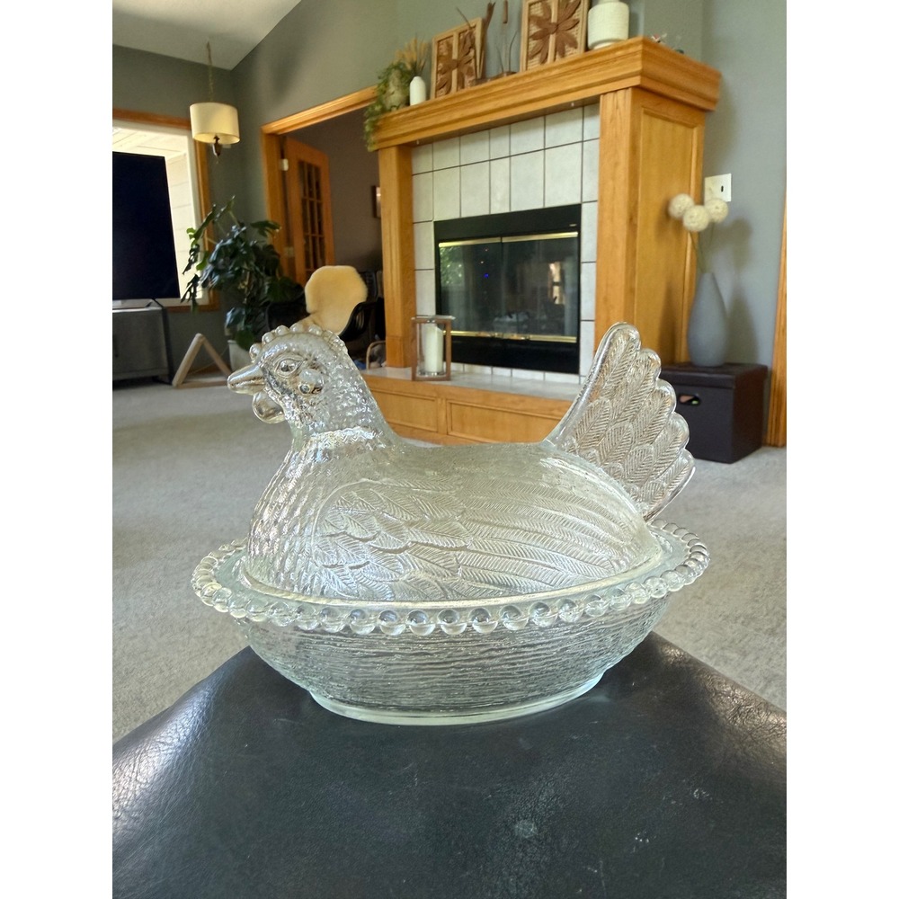 Vintage Indiana clear Glass Hen on Nest Covered Dish Beaded Rim Farmhouse